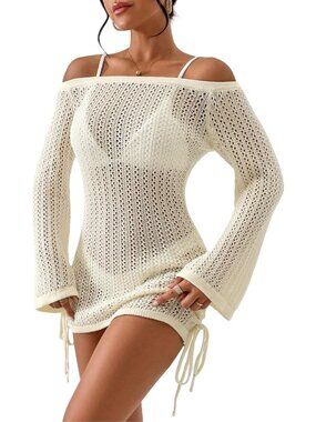 Women's Beige Slight Stretch Bathing Suit Cover Ups Hollow Out Dress Knit Tops